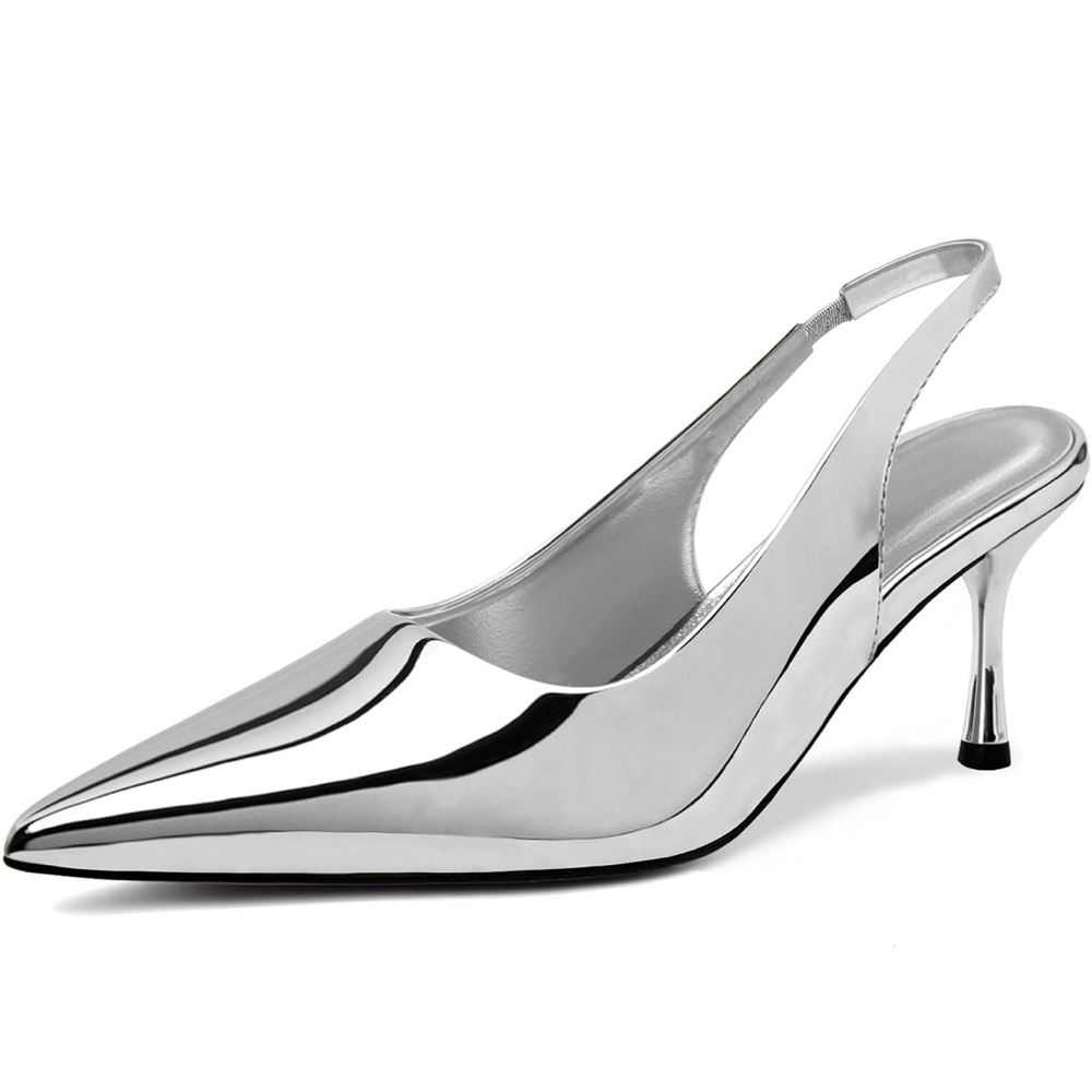 Women's Pumps Slingback Heels Pointed Toe Sling Back Kitten Heels Women Metallic